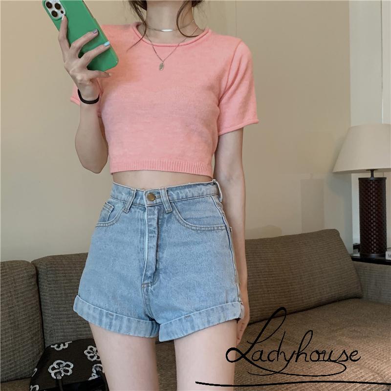 Áo croptop dệt kim tay ngắn thắt nơ sau lưng phong cách Hàn Quốc 3 màu tùy chọn cho nữ