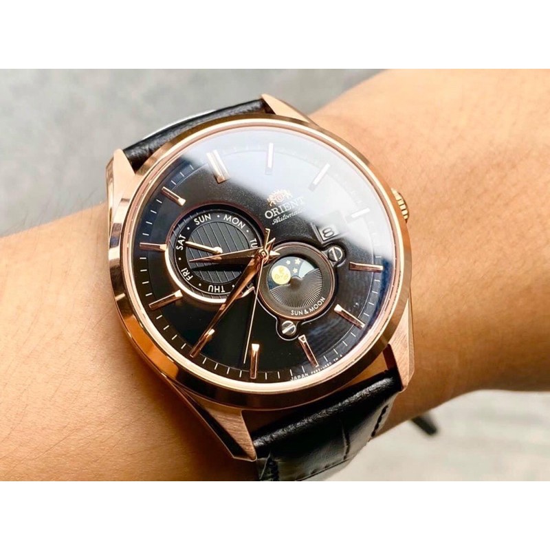 Đồng hồ nam dây da Orient Sun and Moon Gen 5 Black Rose Gold Leather RA AK0304B10B