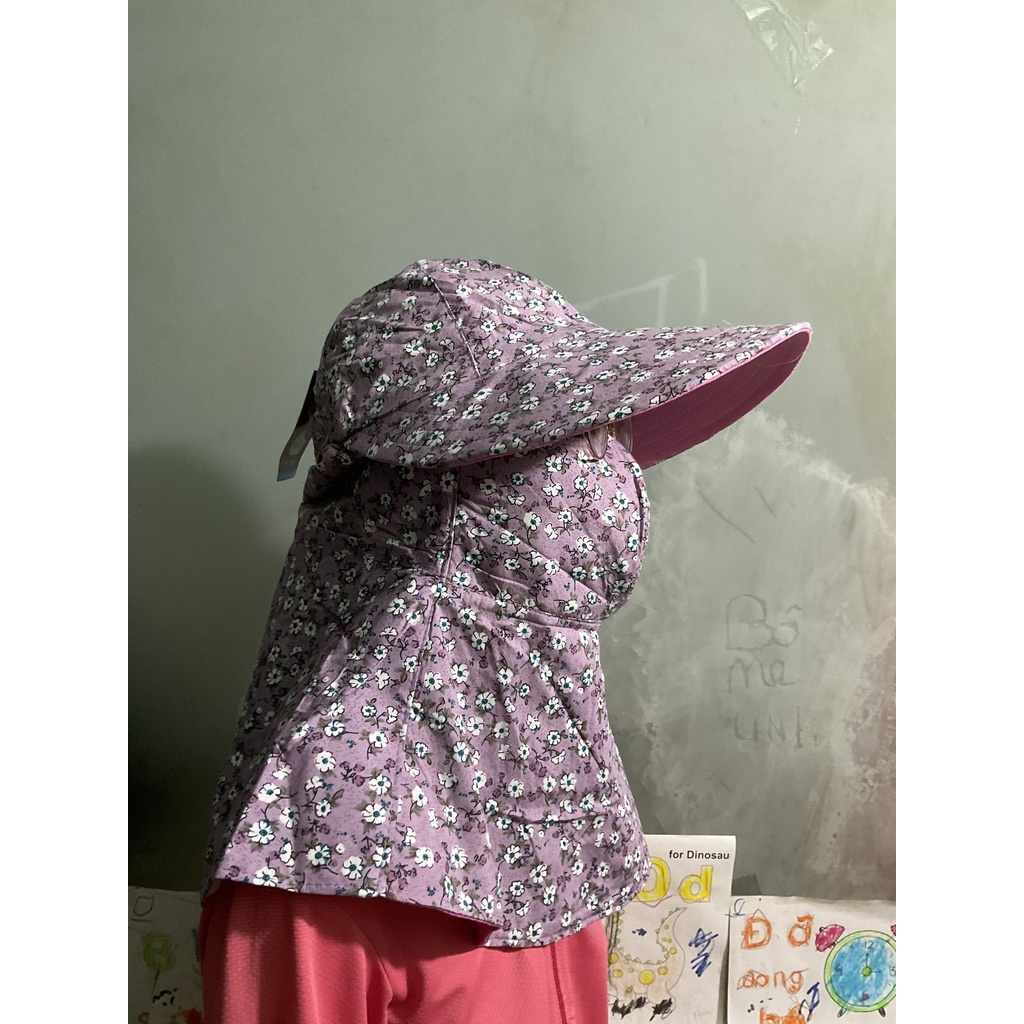 Khẩu trang nón Duy Ngọc vành rộng chất liệu cotton, hoa nhỏ, dây kéo 1 bên, màu ngẫu nhiên thích hợp mọi thời tiết