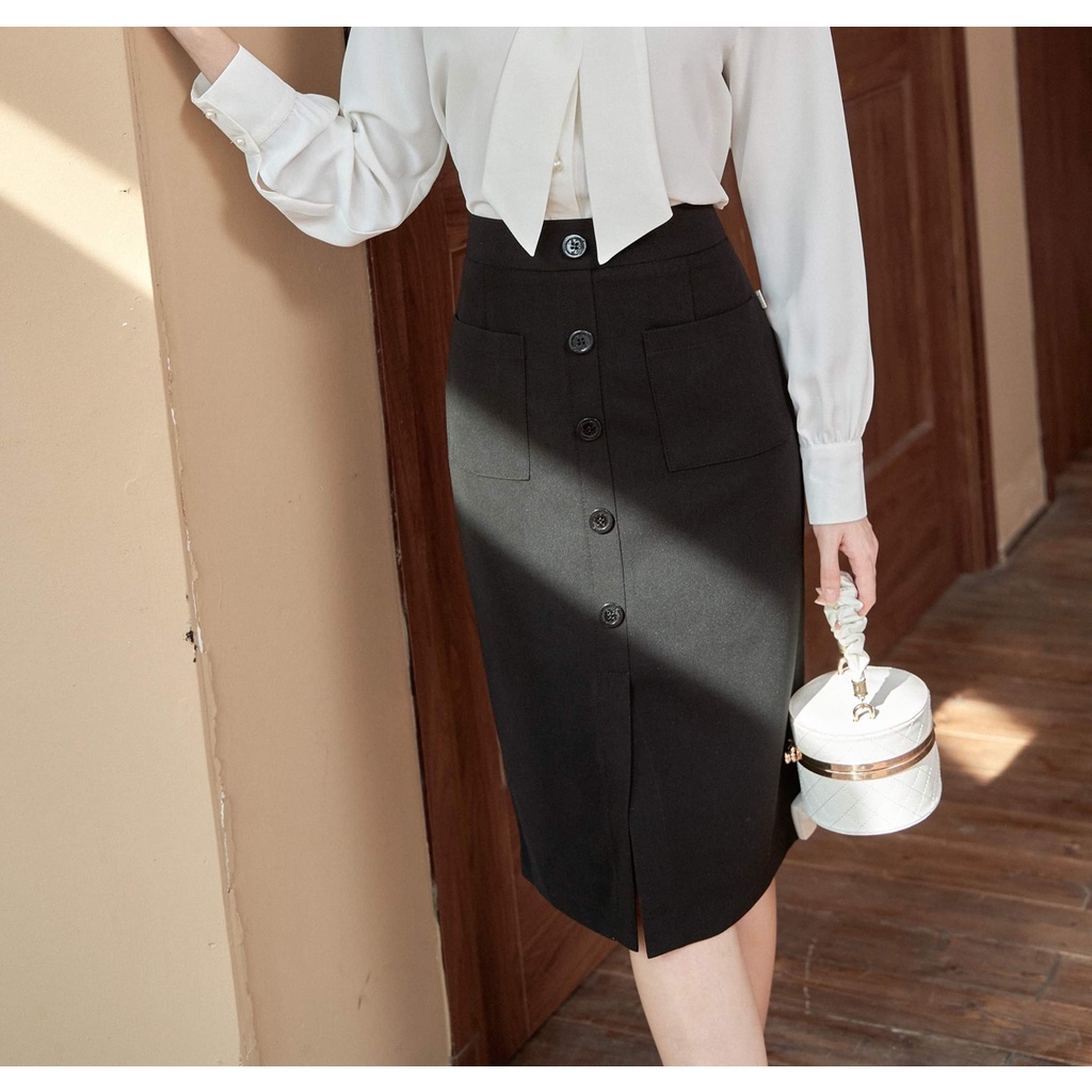 Chân váy bút chì nẹp giả đính khuy túi ốp TIINSTORE CHD043