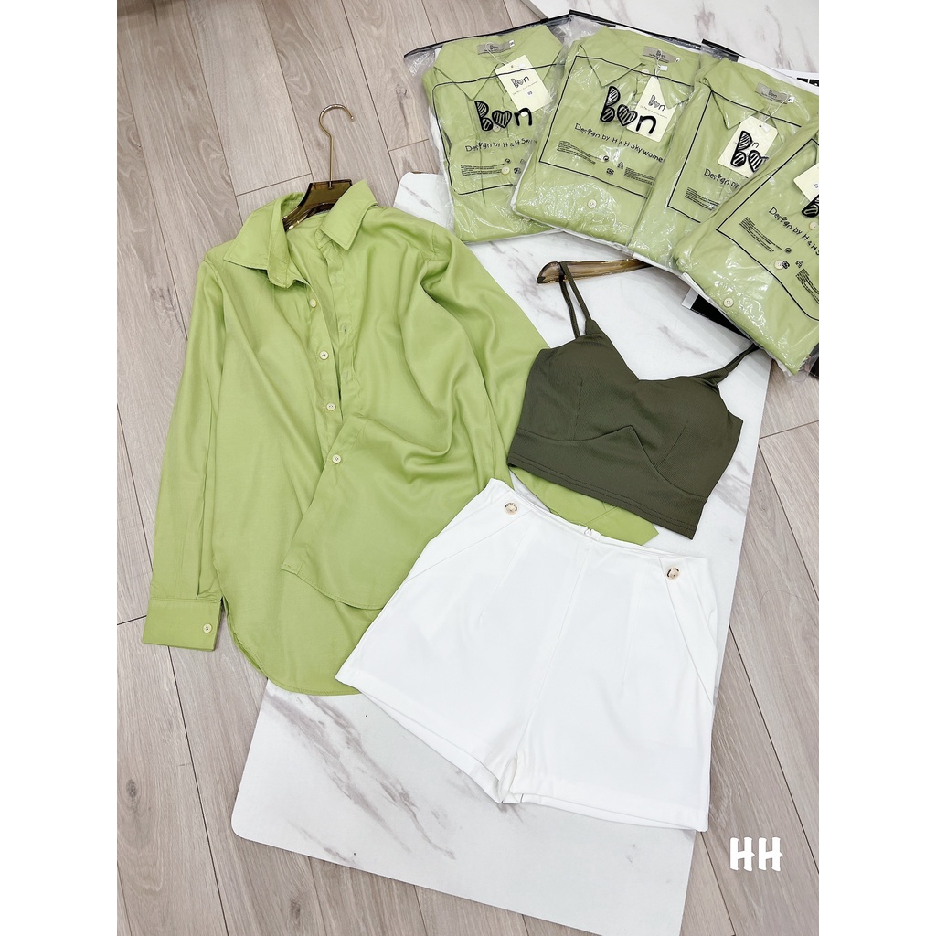 TTL Set đùi 3 món áo khoác ngoài xanh phối 2 dây bra kèm quần đùi trắng năng động