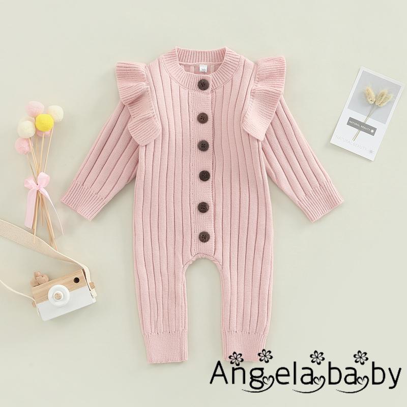 Áo Liền Quần Dệt Kim Tay Dài Cổ Tròn Màu Trơn Thời Trang Cho Bé Gái