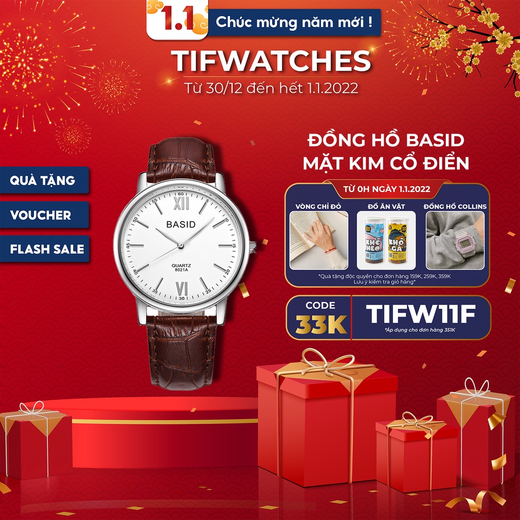 Đồng hồ cặp nam nữ dây da cá sấu BASID KIM nâu mặt trắng đồng hồ đôi chính hãng Watchesbytif size 30mm &amp; size 38mm