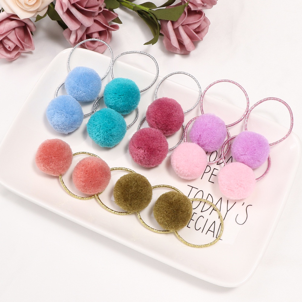 Dây Cột Tóc Co Giãn Phối Cục Bông Lông Nhiều Màu Dễ Thương Cho Bé Gái
