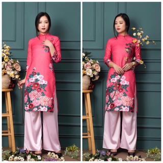 Set áo dài gấm hoa mẫu đơn đỏ