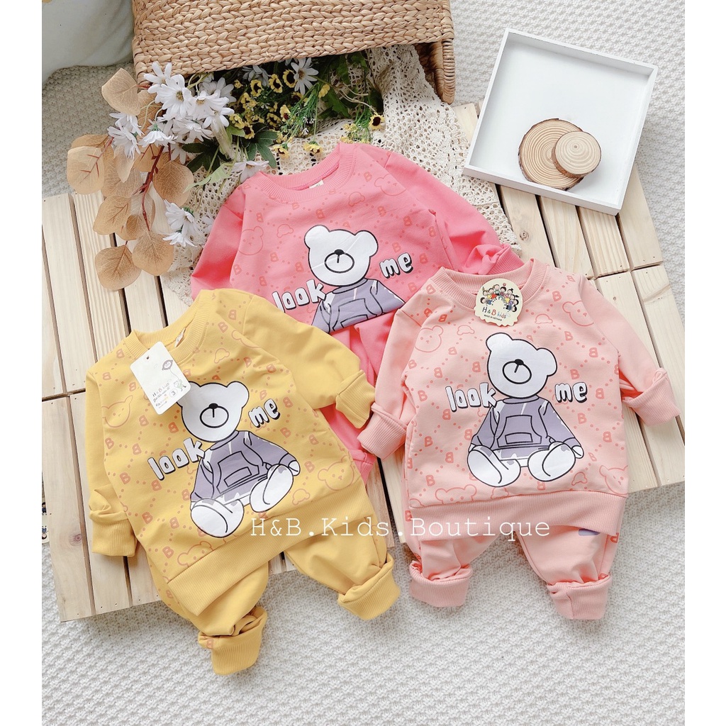 Bộ nỉ da cá cho bé gái siêu mềm mịn hình Gấu K040