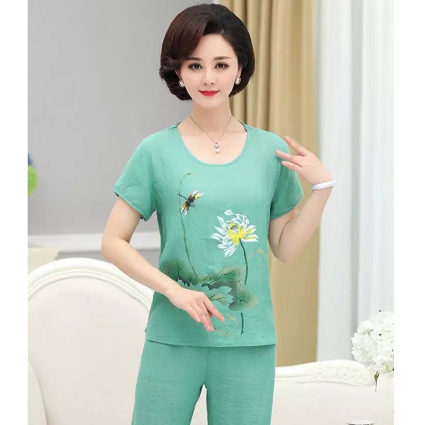 Thời Trang Trung Niên Nữ bộ đồ ngủ mùa hè rộng vãi lanh cotton thoáng mát