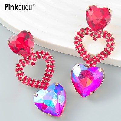 Khuyên tai Pinkdudu PD784 hình trái tim đính đá nhiều màu bằng hợp kim thời trang cho nữ