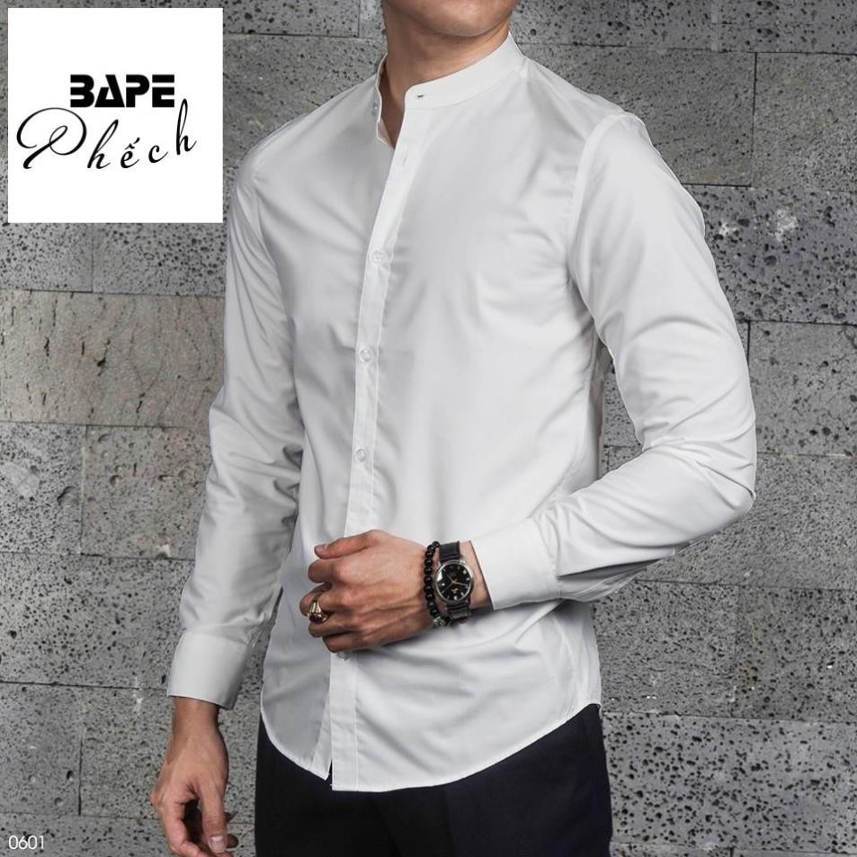 Áo sơ mi dài tay nam cổ trụ BAPE PHẾCH-740, cổ lãnh tụ, chất lụa đẹp