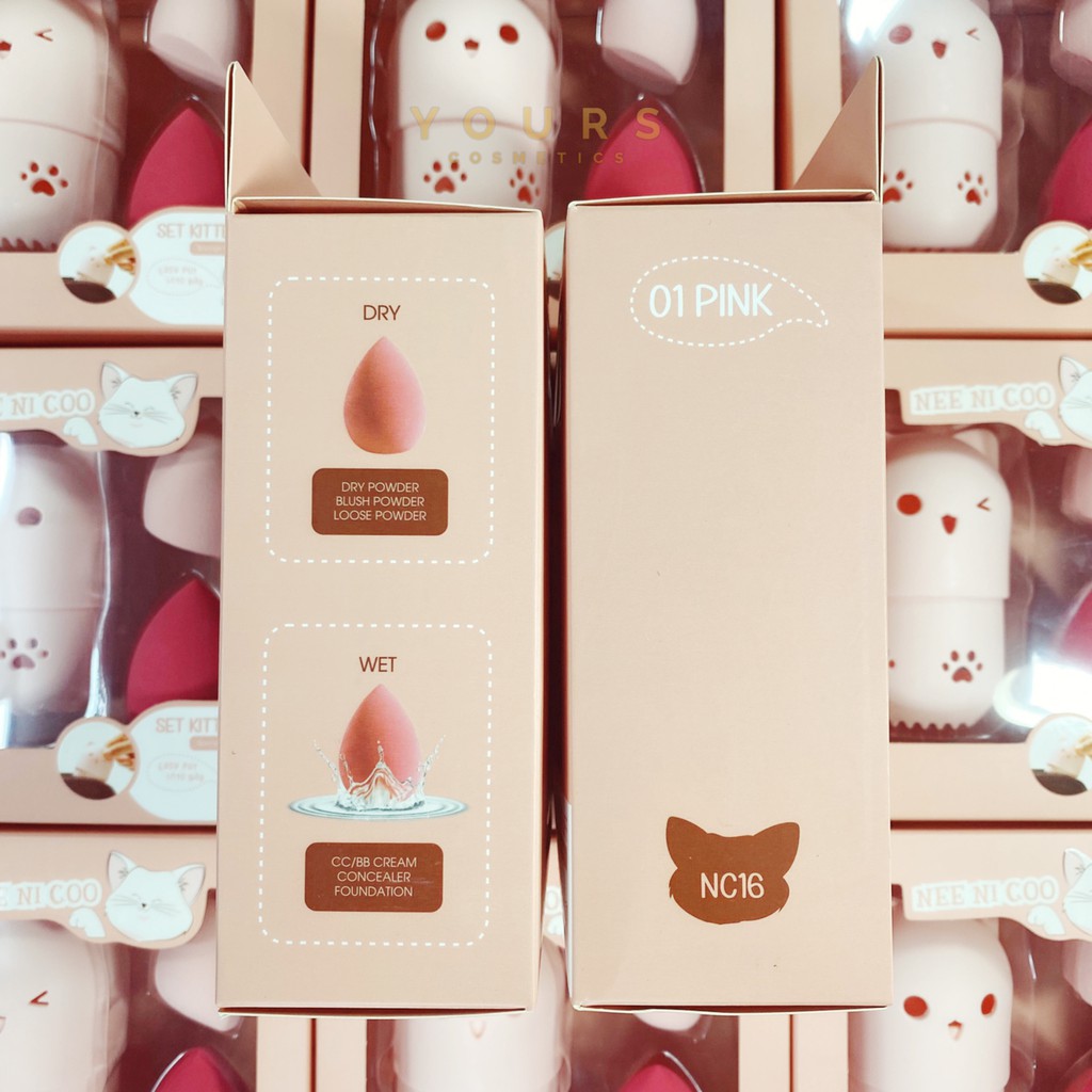 [Auth Thái] Set Bông Mút Trang Điểm Màu Hồng Nee Ni Coo Set Kitten Puff Sponge Blender Beauty 3 Items