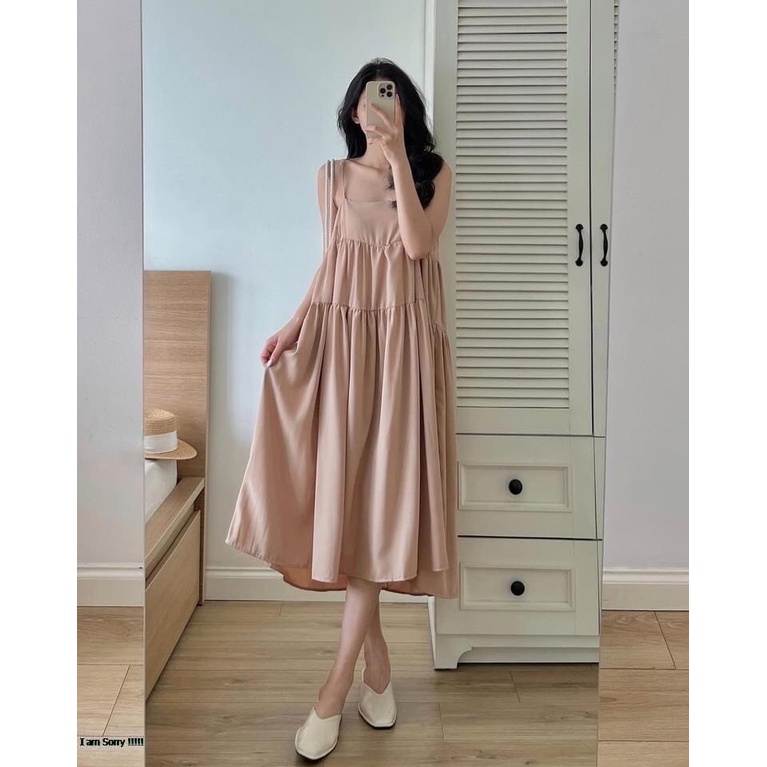Váy Đầm 2 Hai Dây Nữ Xòe 3 Tầng Form Suông Dáng Dài Freesize Chất Đũi Lụa Dễ Thương