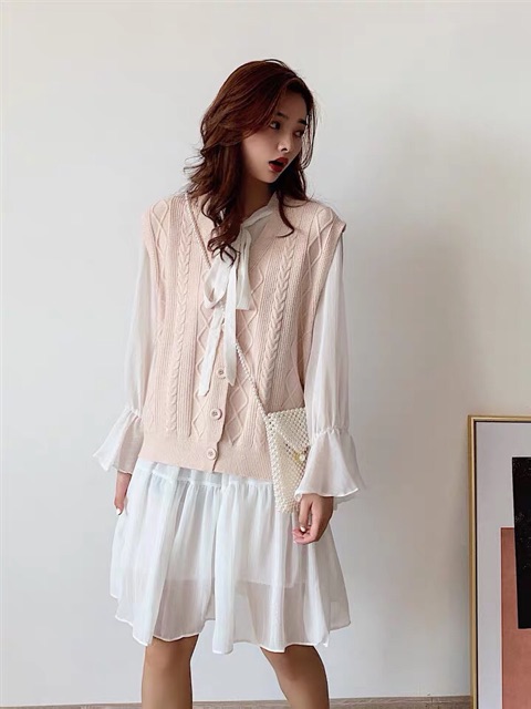 Váy kim tuyến tay nhún hai lớp cổ nơ | BigBuy360 - bigbuy360.vn