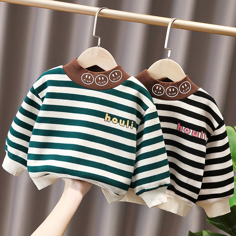Áo Sweater vải nhung kẻ sọc ngang cổ cao giữ ấm thời trang mùa đông dành cho bé trai 2021 11 tháng tuổi