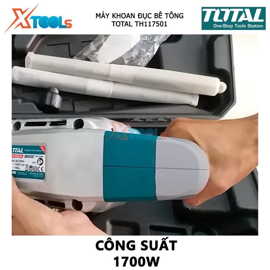 Máy khoan búa cầm tay 1700w Total TH117501 chức năng đục và búa, tốc độ 200-340rpm; tốc độ đập 1150-1850bpm; lực đập 27j