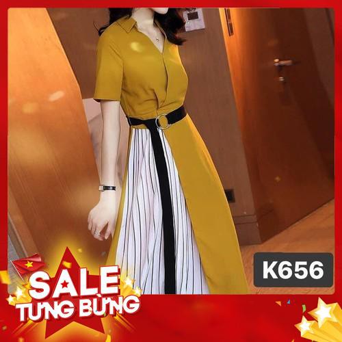 ĐẦM VÀNG KẺ SỌC  K656 - SHOP RUBY (Hàng may thiết kế ,ảnh thật shop tự chụp)