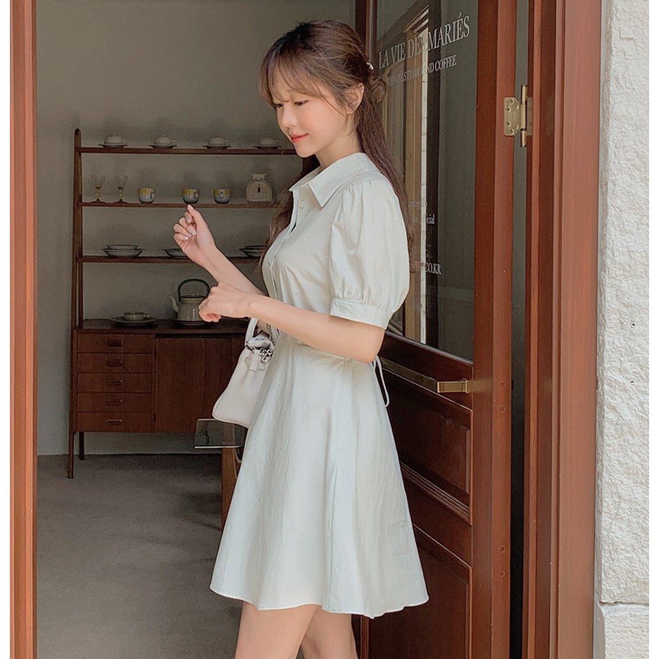 Đầm 44778 thời trang tay ngắn lưng cao màu trơn phong cách Hàn Quốc thanh lịch