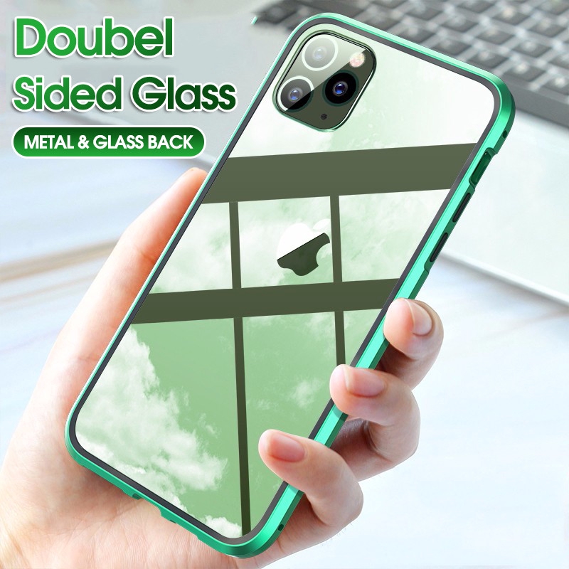 Ốp điện thoại mặt kính trước và sau khung kim loại nam châm iPhone 11 11 Pro Max X XR XS Max 7 8 Plus