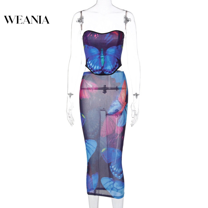 Set Đồ 2 Món Gồm Áo Ống Và Chân Váy Lưới Xuyên Thấu In Họa Tiết Bướm Cho Nữ