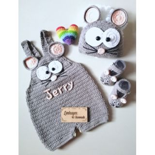 Set đồ len handmade quần yếm + nón + giày len hình Chuột xinh đủ màu cho bé gái bé trai đi chơi chụp ảnh studio