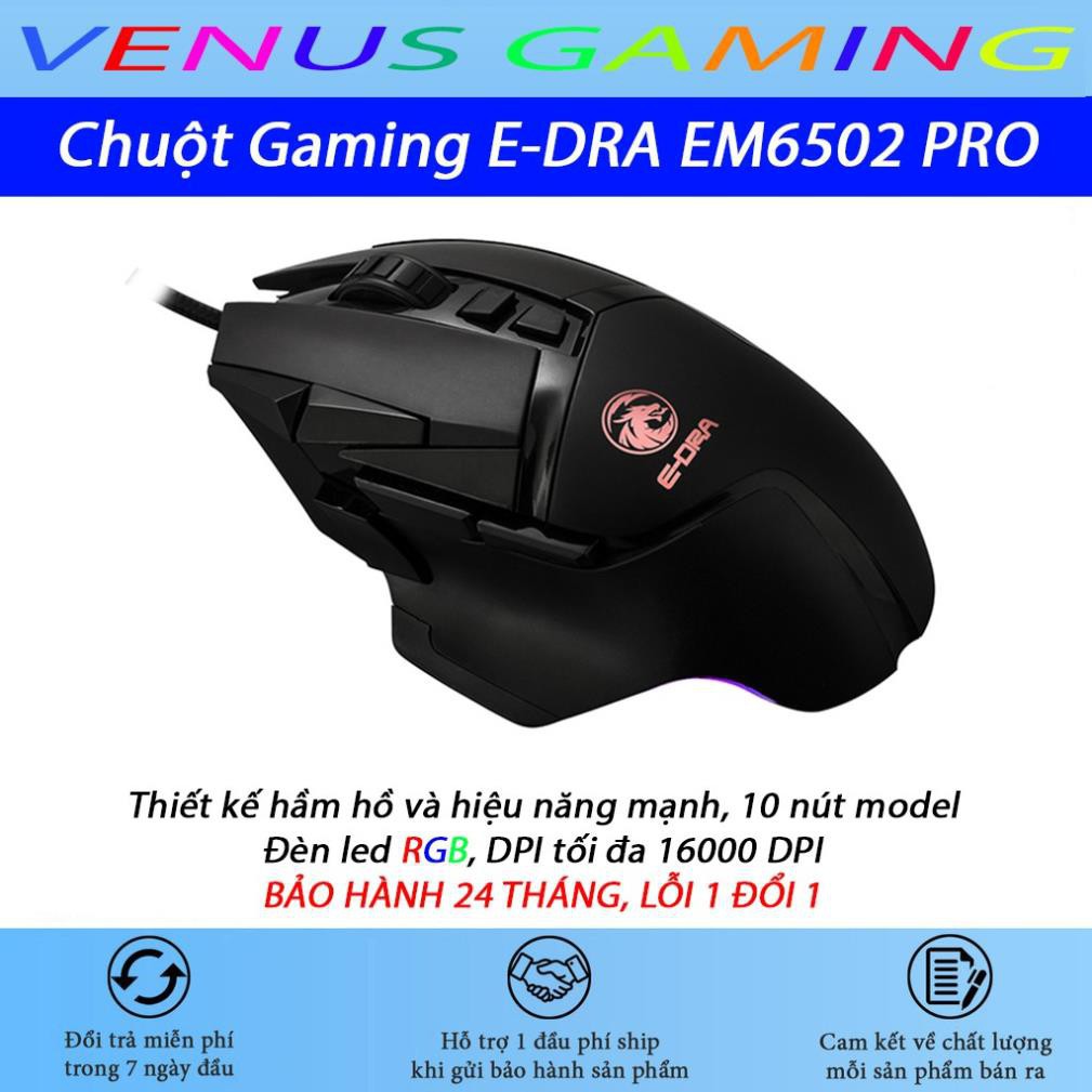 Chuột Gaming E-Dra EM6502 PRO - Chống nước - 50 triệu lượt click, 16000 DPI, LED RGB - Bảo hành 24 tháng