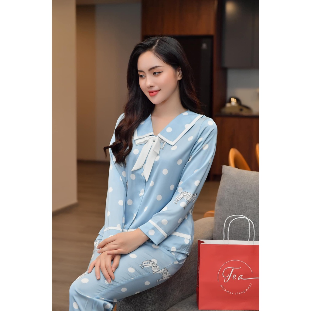 Bộ Mặc Nhà Pyjama Lụa Cao Cấp Tea Store Tay Dài Quần Dài Họa Tiết Nơ Cổ Xinh Xăn