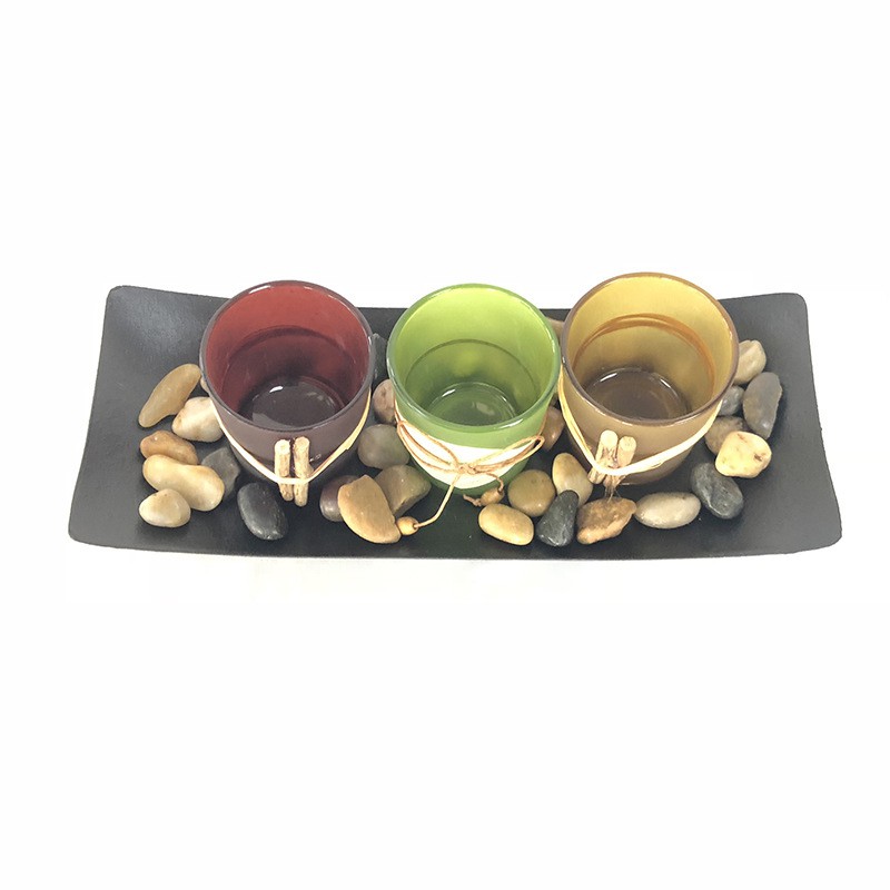 3 Candlestick Cup Decorative Candle Holders with Rocks and Tray