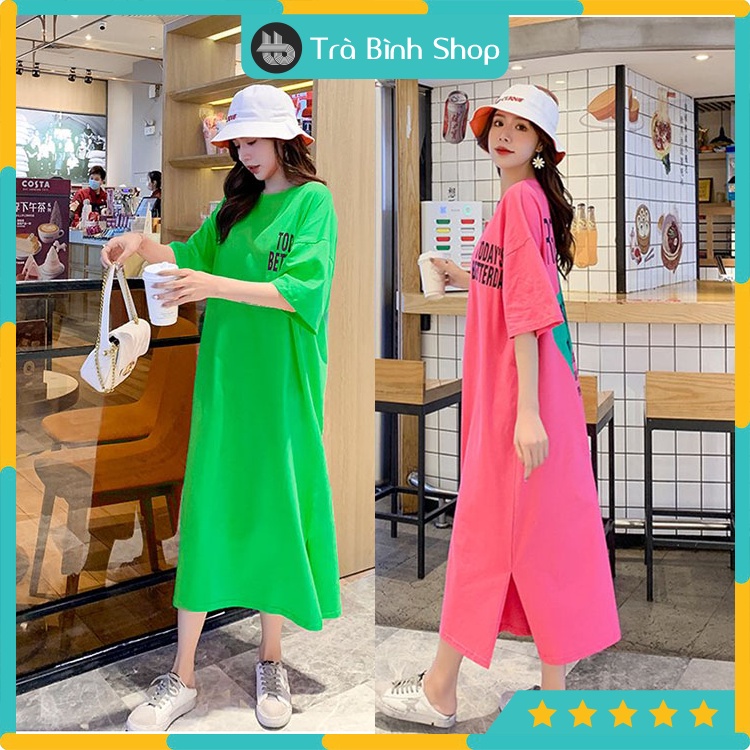 Đầm thun suông xẻ tà váy cổ tròn dáng dài họa tiết chữ today