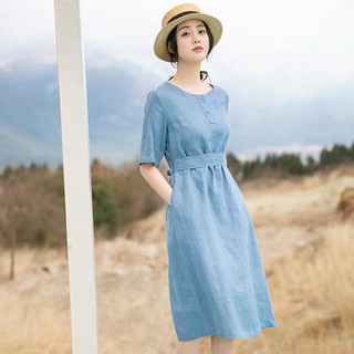 Đầm suông linen tay ngắn cổ tròn 2 nút ngực kèm đài rời, chất Linen bột Premium mềm mát, form suông không kén dáng.