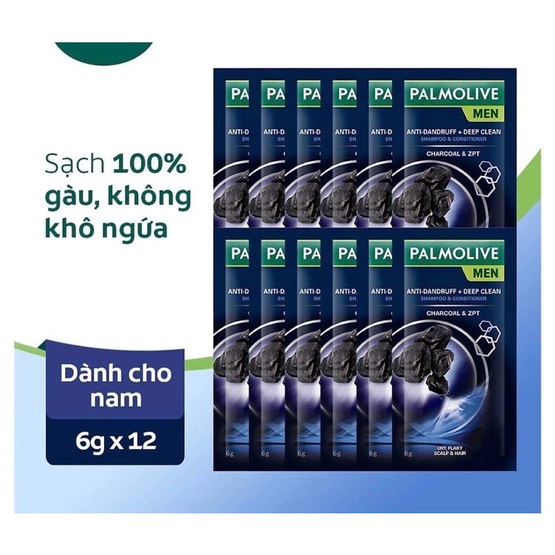 [Mới] Bộ 12 gói dầu gội Palmolive/ Men có dầu xả làm sạch gàu từ tinh dầu tràm trà và đất sét/ than tre 6g/gói