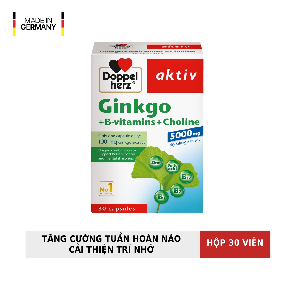 Viên Uống Bổ Não Doppelherz Ginkgo + B-Vitamins + Choline Giúp Tăng Cường Tuần Hoàn Não, Cải Thiện Trí Nhớ (Hộp 30 Viên)