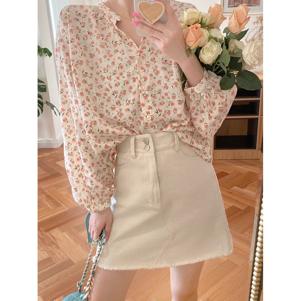 Áo sơ mi tay dài họa tiết hoa xinh xắn phong cách Pháp nữ tính | BigBuy360 - bigbuy360.vn