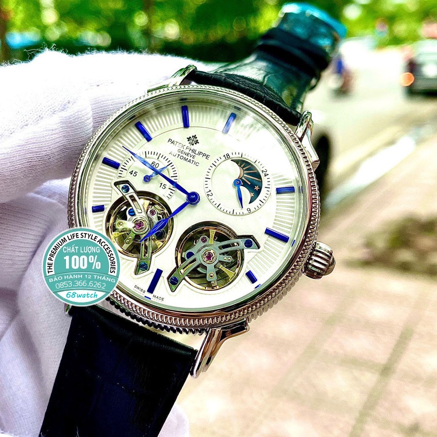 Đồng hồ Nam Patek 2 tim máy nhật, mặt trắng viền trắng, dòng cơ Automatic size 42mm-43mm