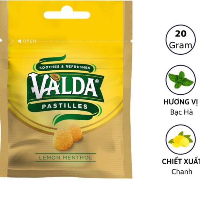 kẹo valda pastilles lemon menthol hơn 100 năm kinh nghiệm về tinh dầu bạc hà, giúp thông cổ,mát họng,sảng khoái(malaysia