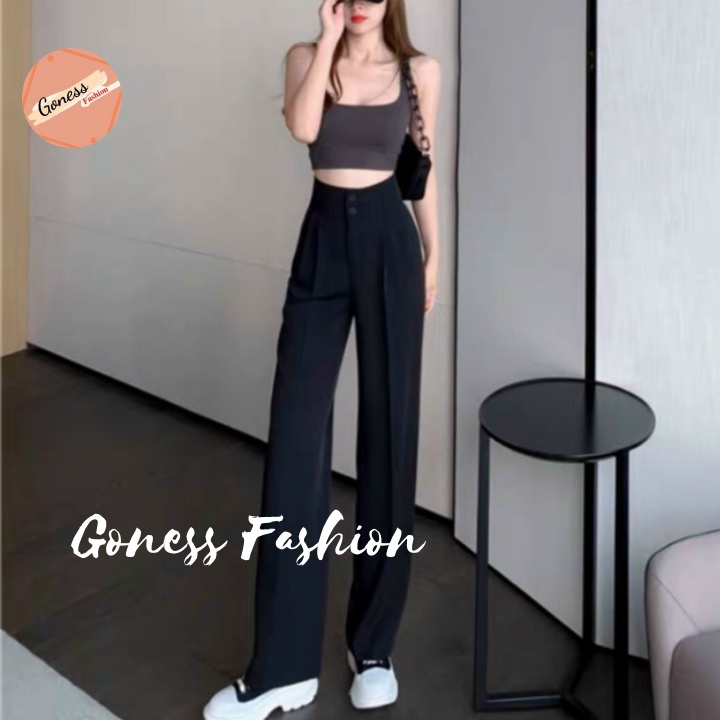 Quần ống rộng Goness 2 khuy lưng cạp cao baggy vải nữ dài suông loe culottes xuông nhiều màu QD02