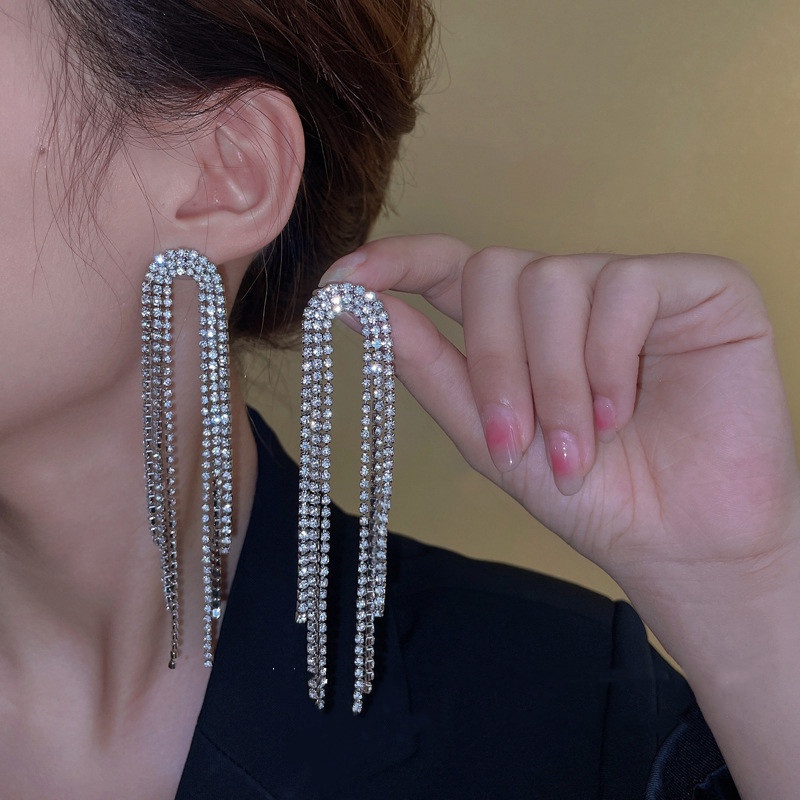 1 Đôi Bông Tai Dáng Dài Đính Kim Cương Giả Thời Trang Cao Cấp Dành Cho Nữ