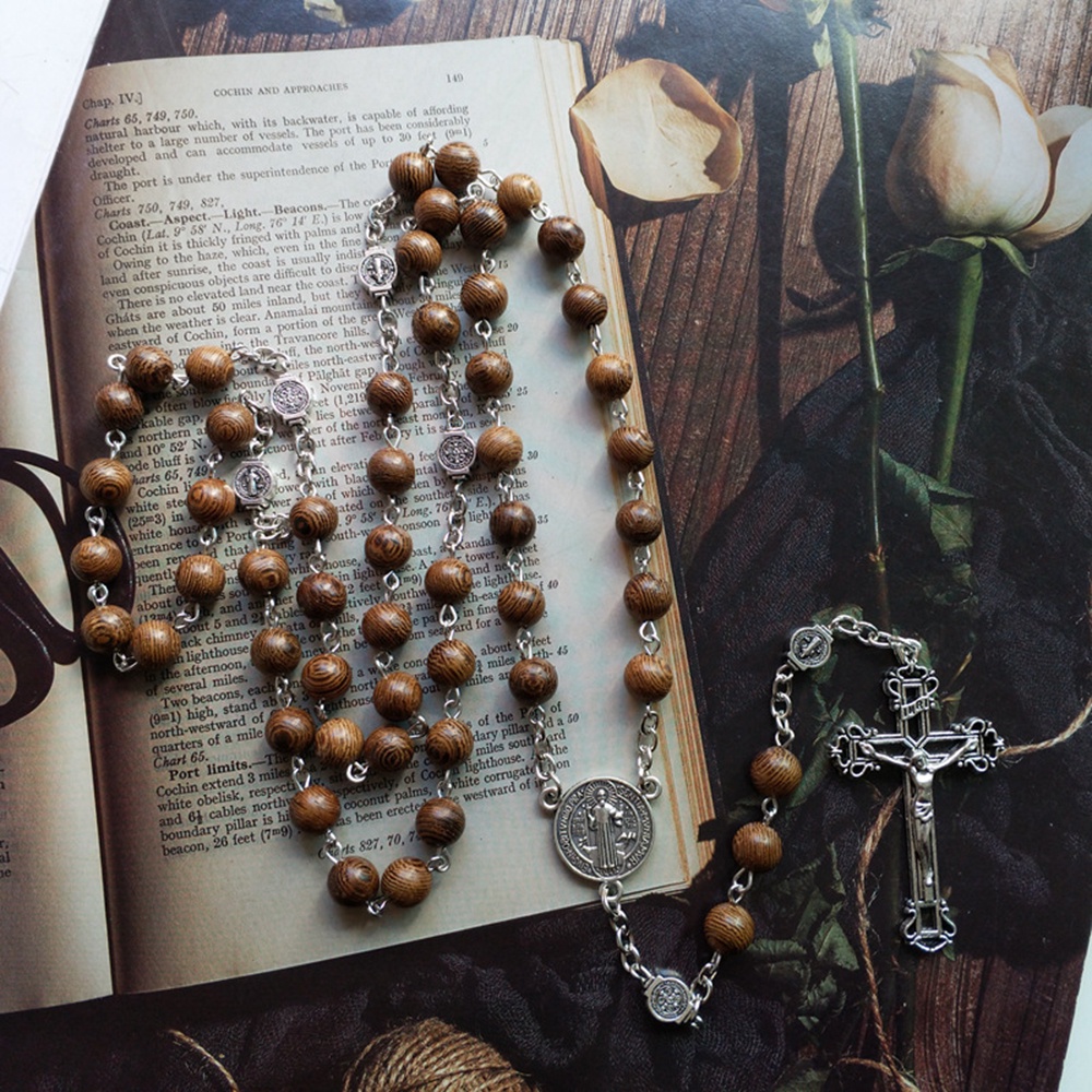 Vòng cổ Chuỗi Hạt Gỗ Mặt Thánh Giá Phong Cách Vintage
