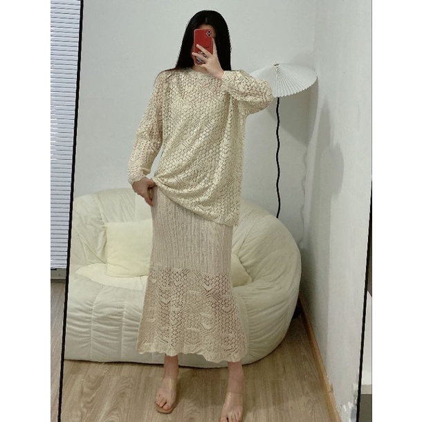 Set áo váy len màu be ZR