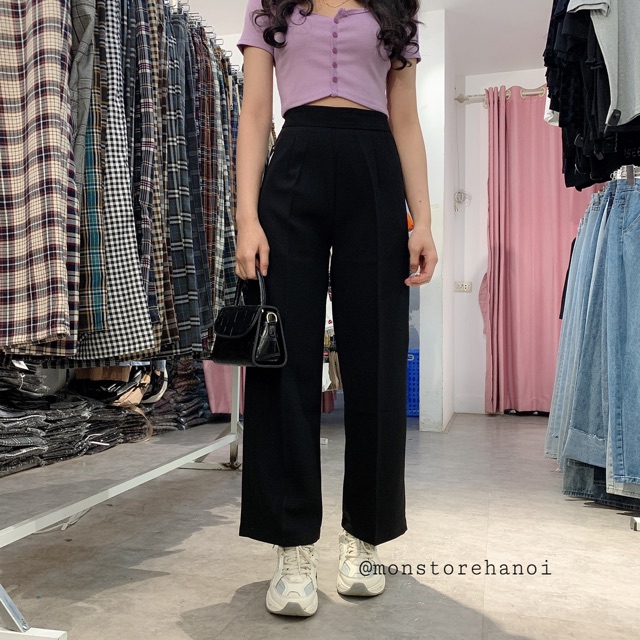 200216 Quần vải ống suông nữ ulzzang chất tuyết mưa màu đen có size (khoá hông) | BigBuy360 - bigbuy360.vn