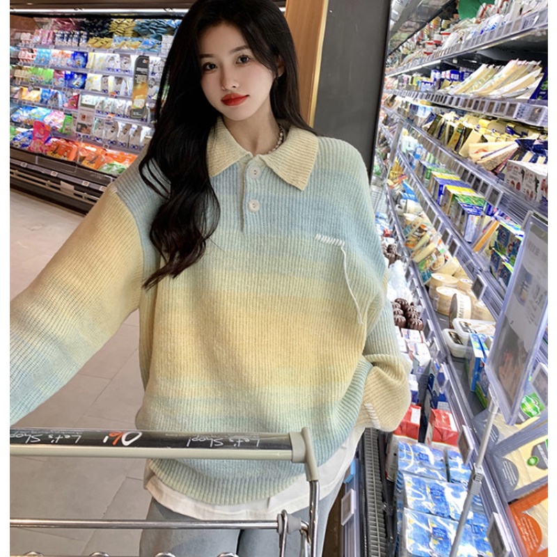 Áo Sweater Dệt Kim Cổ polo Dáng Rộng Màu Sắc Cầu Vồng Xinh Xắn Dành Cho Nữ