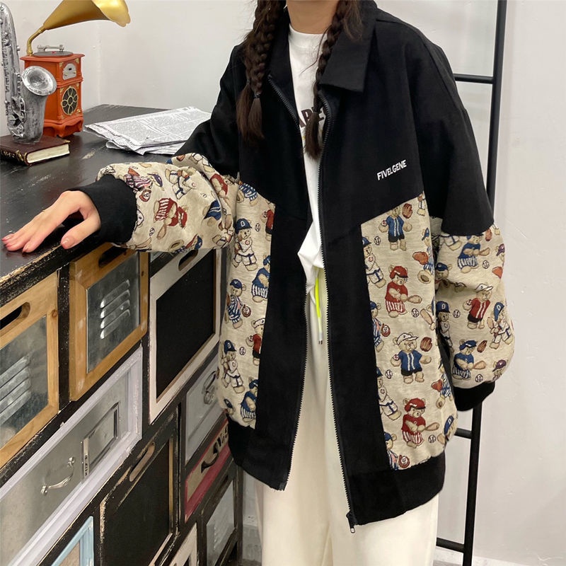 Áo khoác bóng chày cổ bẻ dáng rộng in hình gấu kiểu retro thời trang xuân thu cho nam