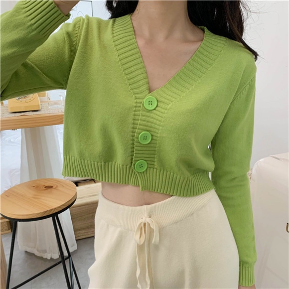 Áo Khoác Cardigan Dệt Kim Tay Dài Cổ Chữ v Lưng Cao Màu Xanh Bơ Thời Trang Cho Nữ