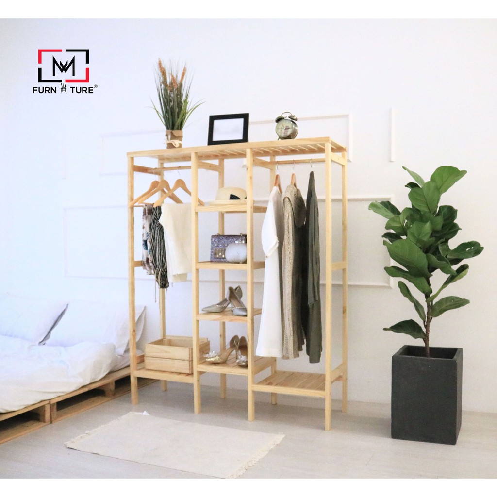 Tủ treo quần áo Triple Closet lắp ráp gỗ thông nhập khẩu thương hiệu MW FURNITURE màu gỗ