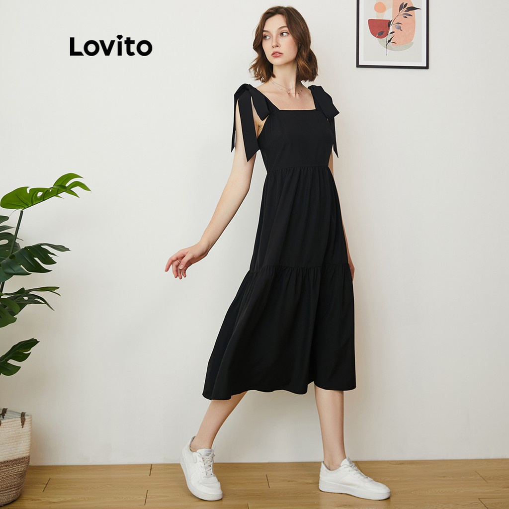 Lovito váy đầm xòe trơn đơn giản Thiếu dây đai có thể điều chỉnh L24AE020 (Đen)