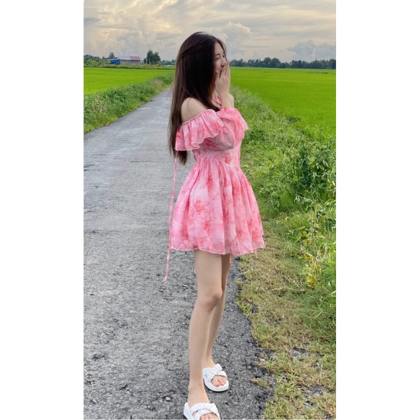 Đầm hoa hai dây rớt vai cao cấp PLD23