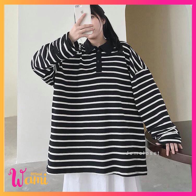 Áo Phông Áo Thun Kiểu Polo Form Rộng Unisex Kẻ Sọc Tay Dài Afina Thoáng Mát Thoải Mái -1794 Wami.Official