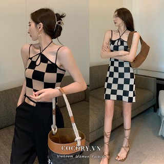 Cocory vn Đầm Mini / Áo croptop mỏng có dây treo họa tiết kẻ ô phong cách cổ điển gợi cảm cho nữ