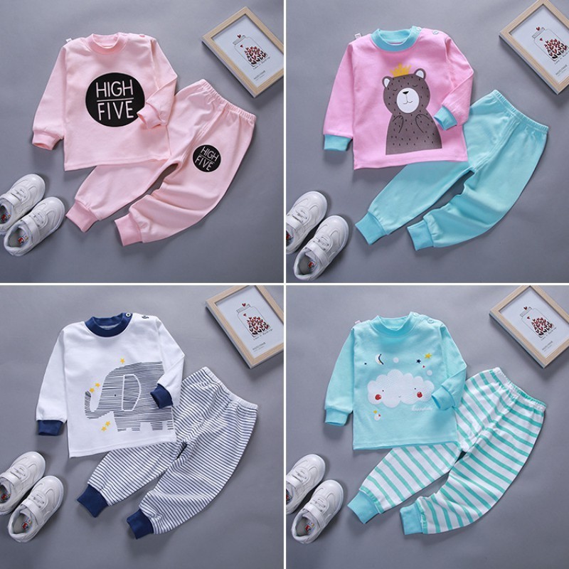 Bộ đồ ngủ áo cotton in hoạt hình + quần dài cho bé