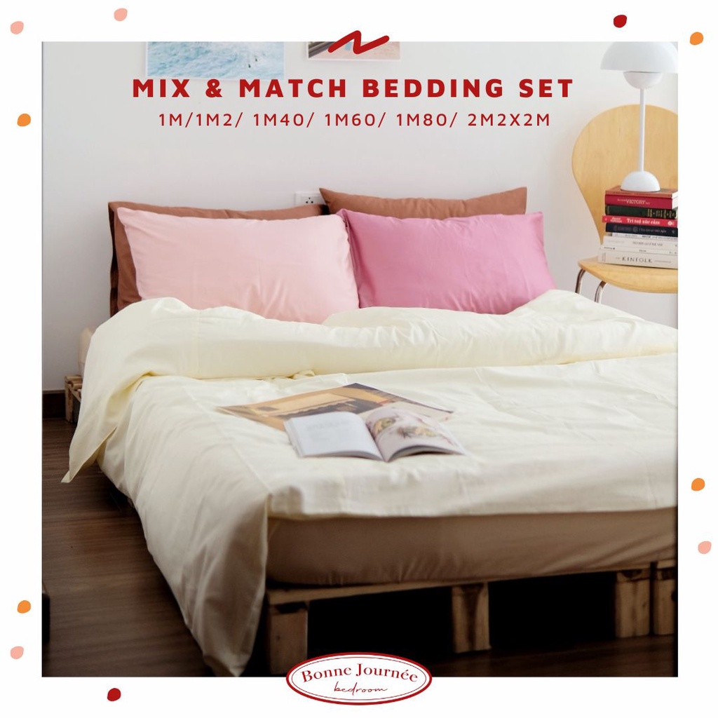 (ĐẶT MAY) Full set chăn ga Vanilla mix Baby Pink, Almond, Cream chất liệu Cotton Twill Hàn Quốc