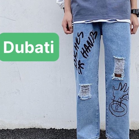 Quần jean bò baggy ống suông rộng Unisex họa tiết bàn tay rách, quần jean nam thoáng mát- DB 59- DUBATI FASHION