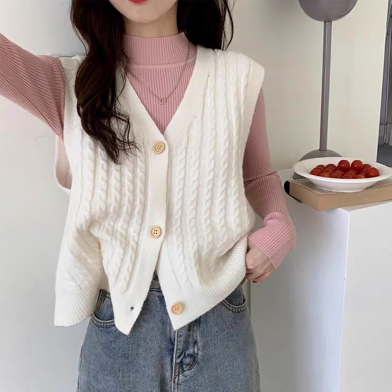 [CÓ SẴN+ẢNH THẬT] Áo gile len xoắn thừng cúc giả gỗ mẫu thu đông 2021 | BigBuy360 - bigbuy360.vn